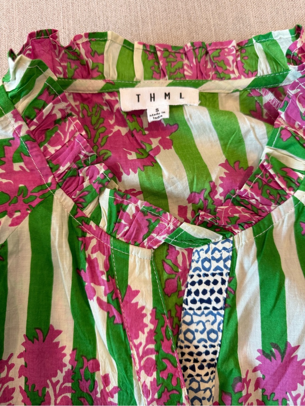 THML Striped Green & Pink Floral Button-Front Blouse - Picture 7 of 8